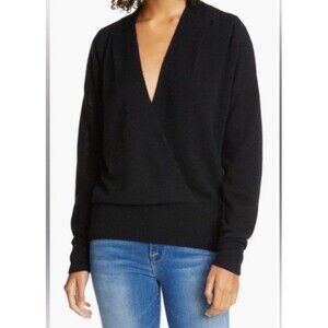 Frame Womens Sweater Top V Neck  Wool Cashmere Soft Black Sz Xl